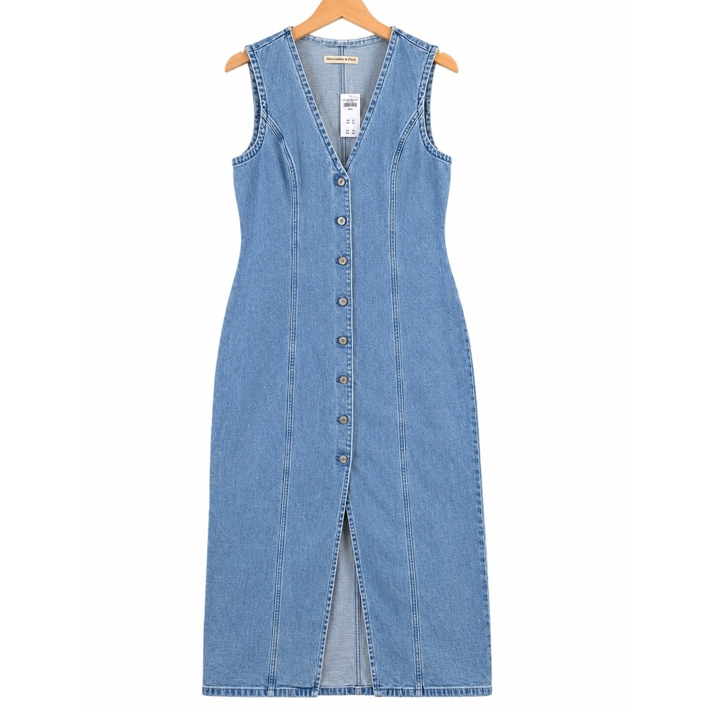 Abercrombie & Fitch Denim Midi Dress Womens Large Blue Button Front V-Neck NWT